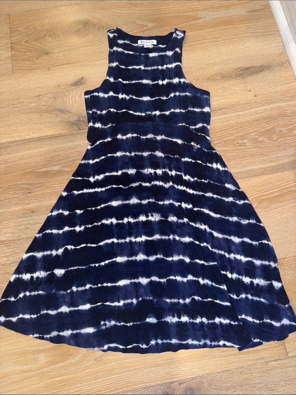 Athleta Navy and White Tie-Dye Sleeveless Fit-and-Flare Dress